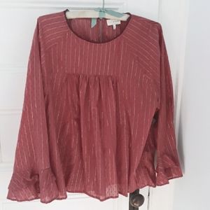 Lucky dusty rose boho bell sleeve blouse metallic stripe XL